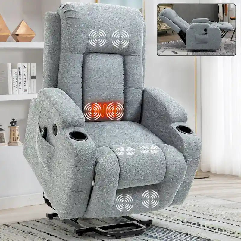 Fauteuil inclinable releveur électrique, Fauteuil de massage moderne à moteur unique avec chauffage lombaire, port de chargement USB, porte-gobelets