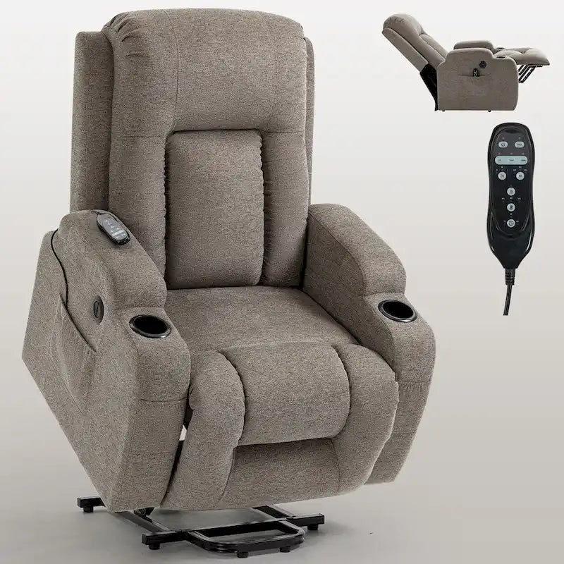 Fauteuil inclinable releveur électrique, Fauteuil de massage moderne à moteur unique avec chauffage lombaire, port de chargement USB, porte-gobelets