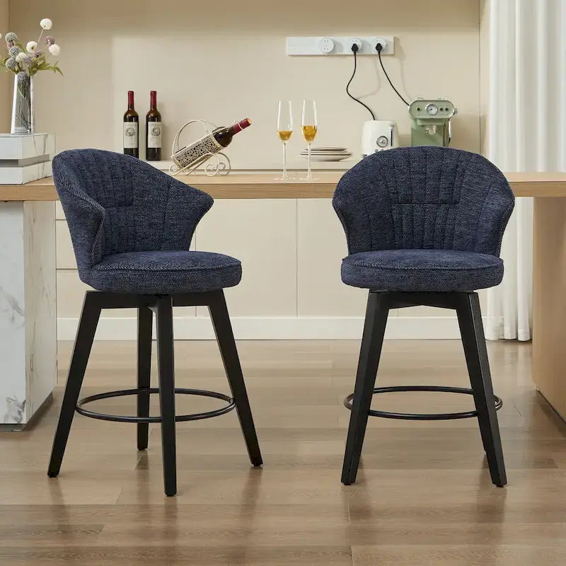 White / Blue / Dark Grey Swivel Bar Stools, Set of 2, Chenille Cushioned Counter Height Chairs with Metal Legs
