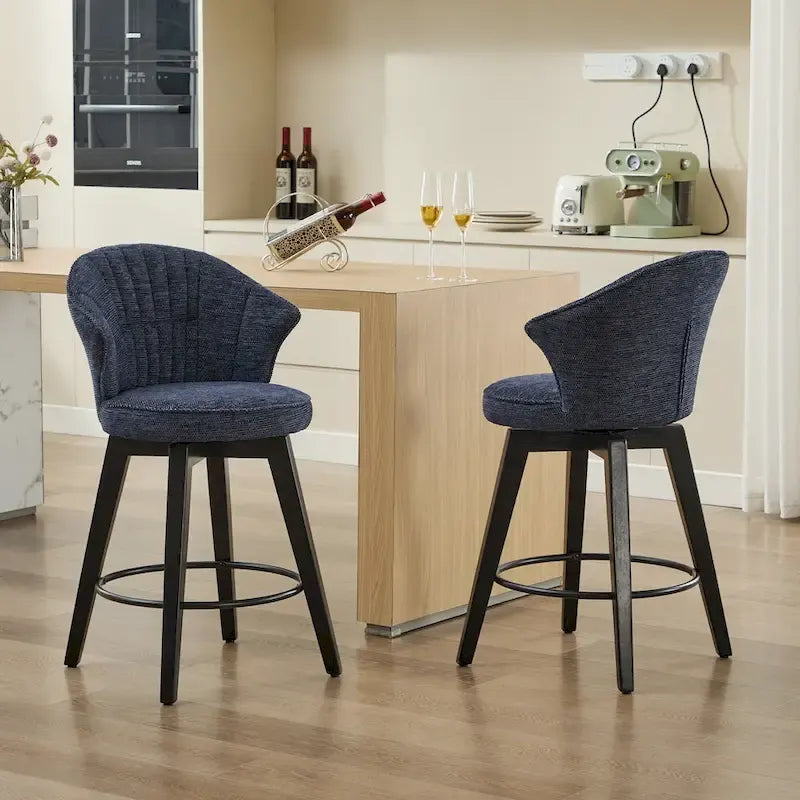 White / Blue / Dark Grey Swivel Bar Stools, Set of 2, Chenille Cushioned Counter Height Chairs with Metal Legs