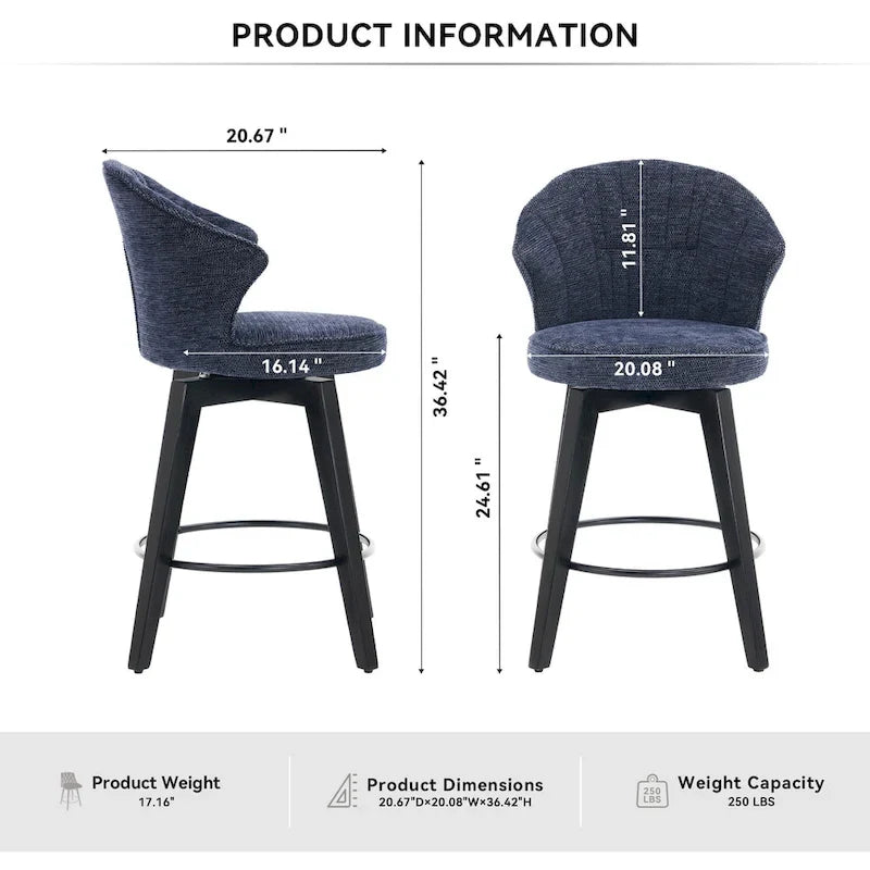 White / Blue / Dark Grey Swivel Bar Stools, Set of 2, Chenille Cushioned Counter Height Chairs with Metal Legs