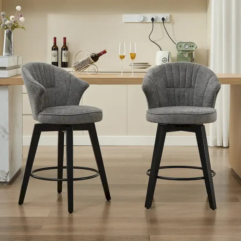 White / Blue / Dark Grey Swivel Bar Stools, Set of 2, Chenille Cushioned Counter Height Chairs with Metal Legs
