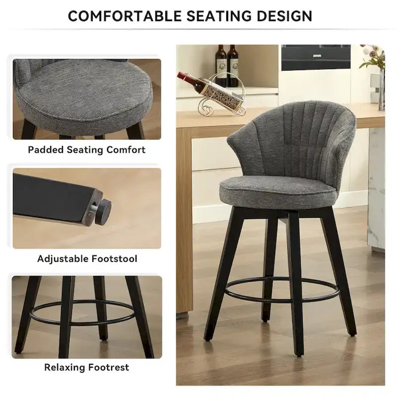 White / Blue / Dark Grey Swivel Bar Stools, Set of 2, Chenille Cushioned Counter Height Chairs with Metal Legs