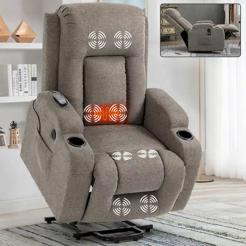 Fauteuil inclinable releveur électrique, Fauteuil de massage moderne à moteur unique avec chauffage lombaire, port de chargement USB, porte-gobelets
