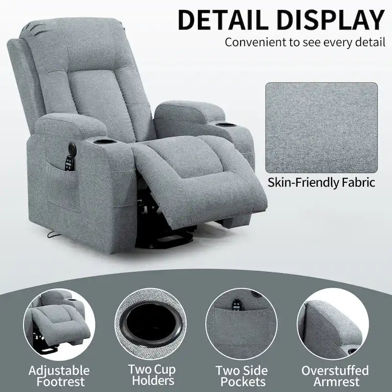 Fauteuil inclinable releveur électrique, Fauteuil de massage moderne à moteur unique avec chauffage lombaire, port de chargement USB, porte-gobelets