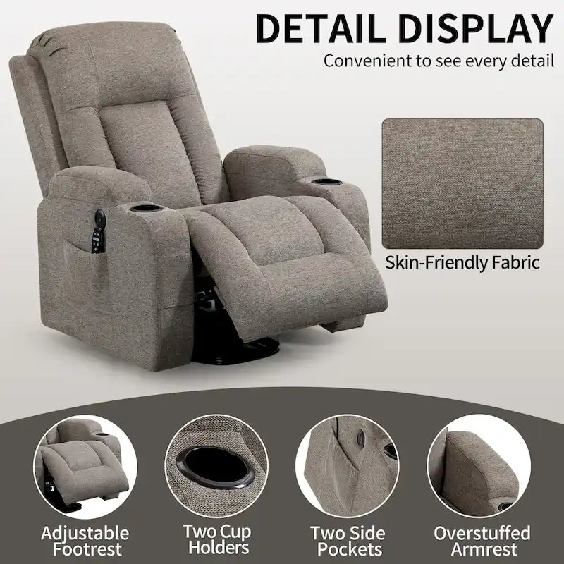 Fauteuil inclinable releveur électrique, Fauteuil de massage moderne à moteur unique avec chauffage lombaire, port de chargement USB, porte-gobelets