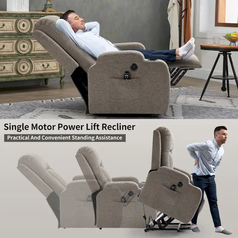 Fauteuil inclinable releveur électrique, Fauteuil de massage moderne à moteur unique avec chauffage lombaire, port de chargement USB, porte-gobelets