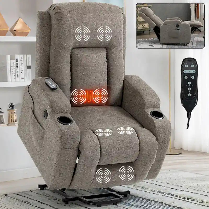 Fauteuil inclinable releveur électrique, Fauteuil de massage moderne à moteur unique avec chauffage lombaire, port de chargement USB, porte-gobelets