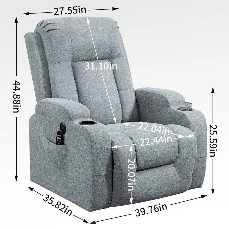 Fauteuil inclinable releveur électrique, Fauteuil de massage moderne à moteur unique avec chauffage lombaire, port de chargement USB, porte-gobelets