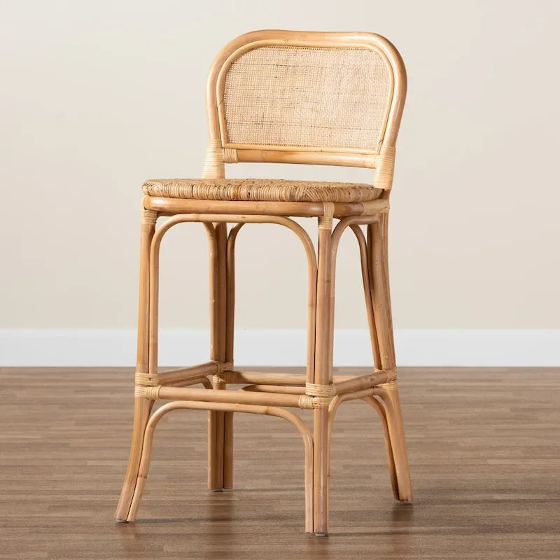 Natural Brown Rattan Bar Stool, Bohemian Style, Single