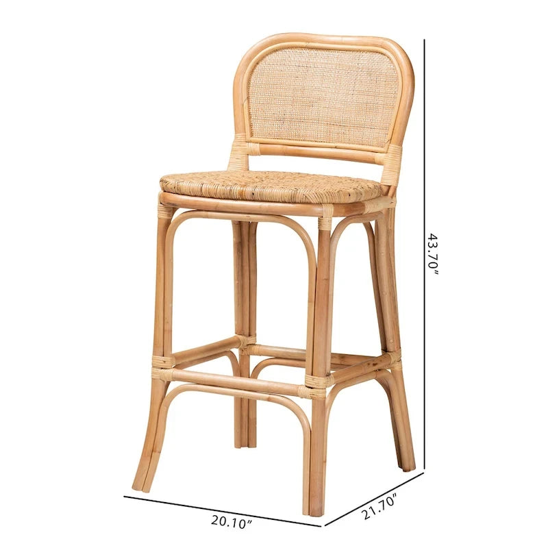 Natural Brown Rattan Bar Stool, Bohemian Style, Single