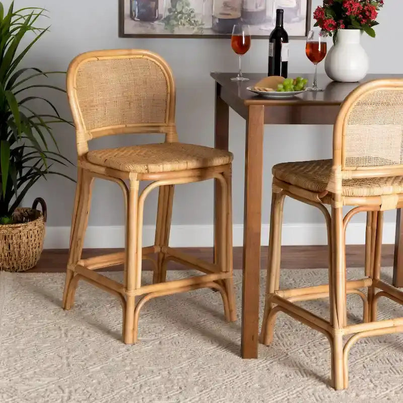 Natural Brown Rattan Bar Stool, Bohemian Style, Single