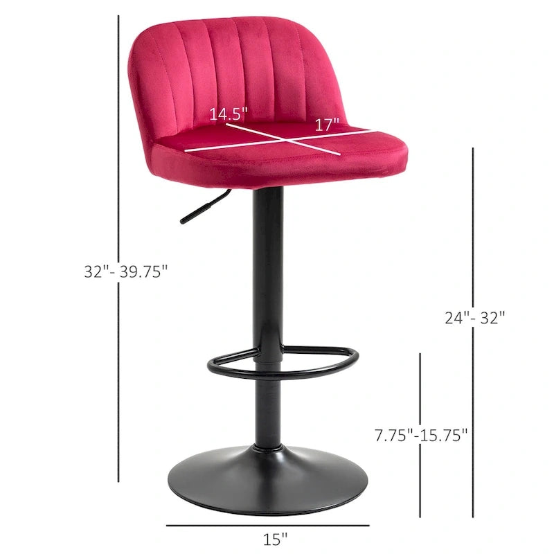 Adjustable Swivel Bar Stools Set of 2, Black/Grey/Red, Velvet Upholstered, Counter to Bar Height