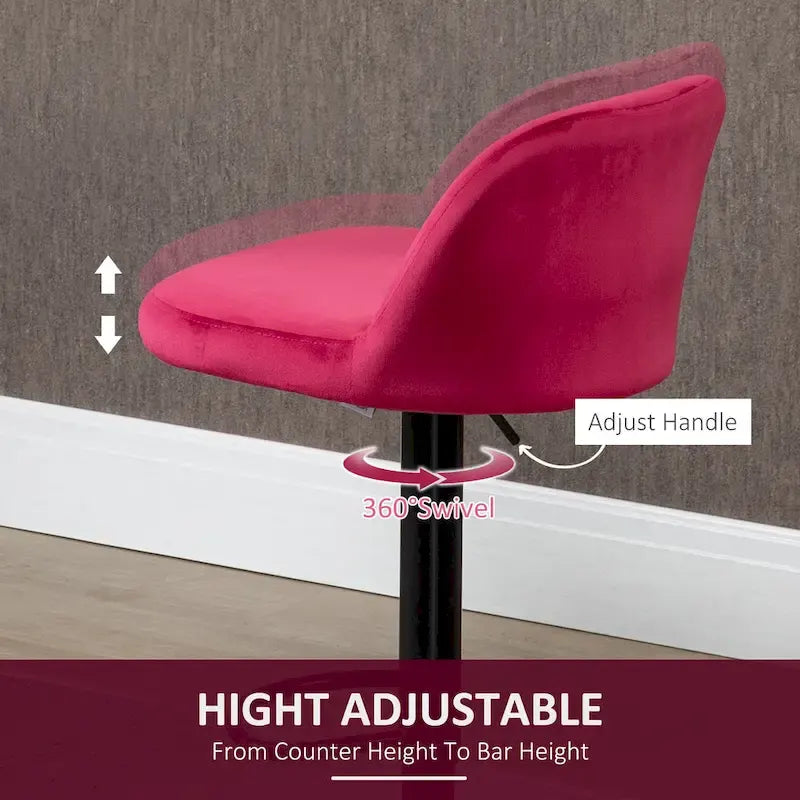 Adjustable Swivel Bar Stools Set of 2, Black/Grey/Red, Velvet Upholstered, Counter to Bar Height