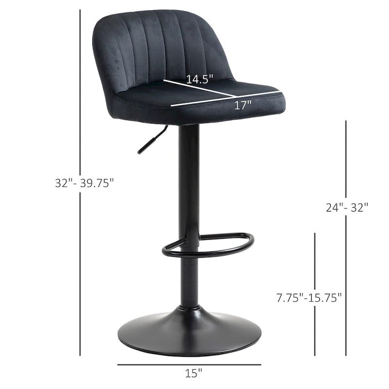 Adjustable Swivel Bar Stools Set of 2, Black/Grey/Red, Velvet Upholstered, Counter to Bar Height