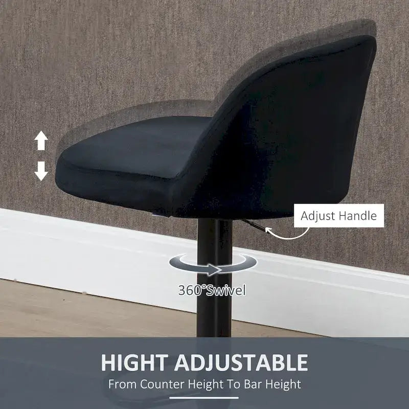 Adjustable Swivel Bar Stools Set of 2, Black/Grey/Red, Velvet Upholstered, Counter to Bar Height