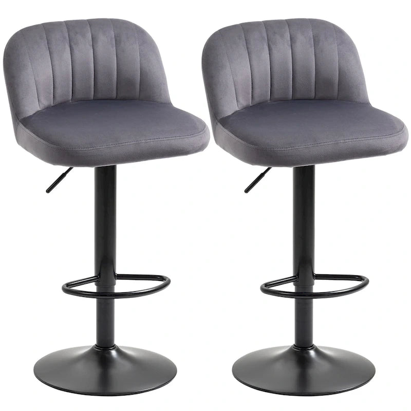 Adjustable Swivel Bar Stools Set of 2, Black/Grey/Red, Velvet Upholstered, Counter to Bar Height