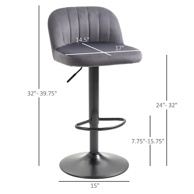 Adjustable Swivel Bar Stools Set of 2, Black/Grey/Red, Velvet Upholstered, Counter to Bar Height