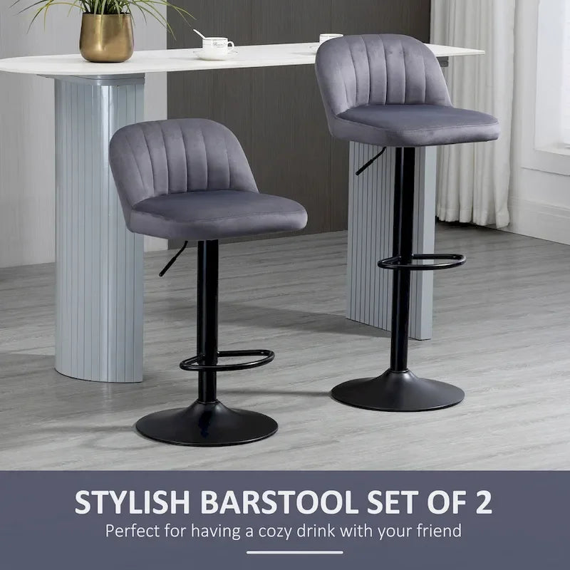 Adjustable Swivel Bar Stools Set of 2, Black/Grey/Red, Velvet Upholstered, Counter to Bar Height