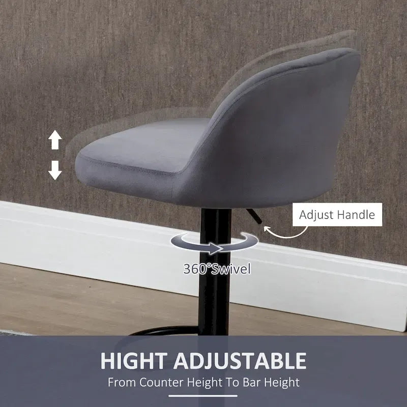 Adjustable Swivel Bar Stools Set of 2, Black/Grey/Red, Velvet Upholstered, Counter to Bar Height