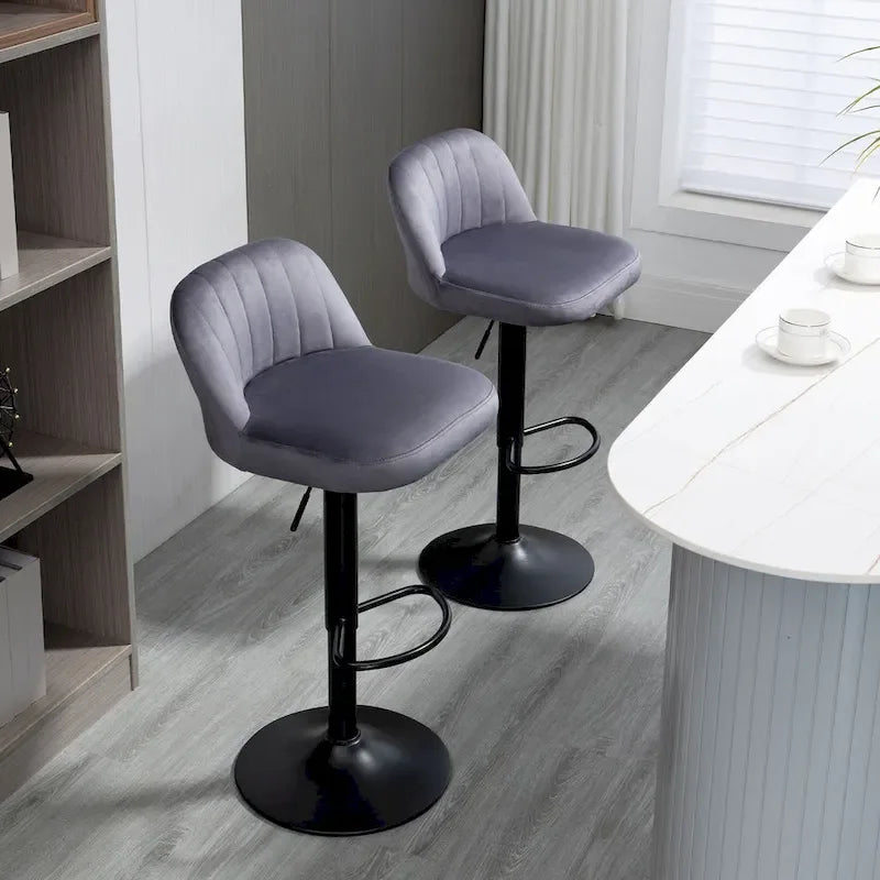 Adjustable Swivel Bar Stools Set of 2, Black/Grey/Red, Velvet Upholstered, Counter to Bar Height