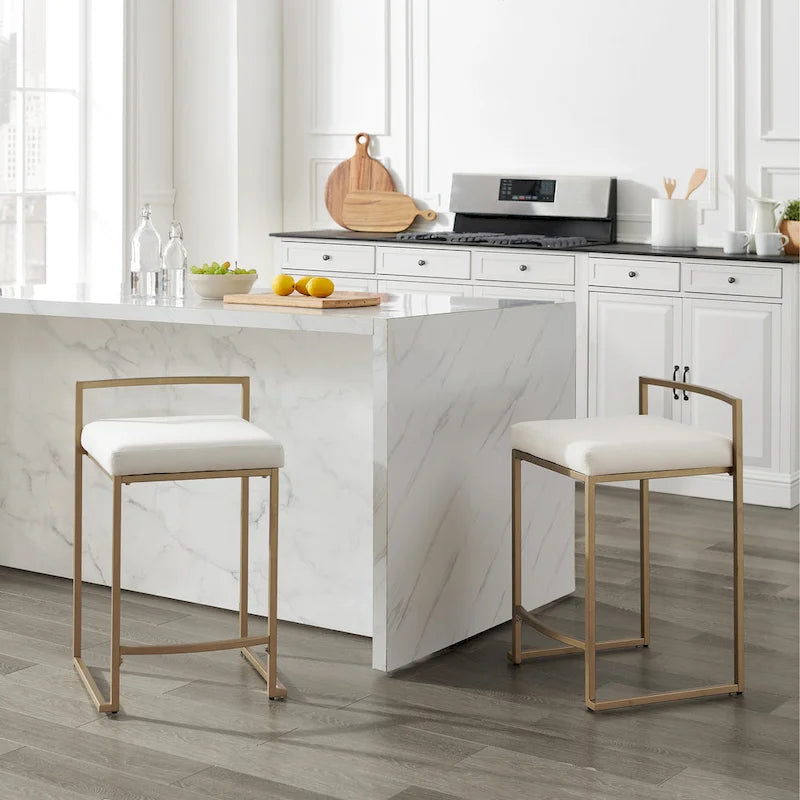 Creme / Gray Velvet Counter Stool Set, Modern Sled Base, Seats 2 – 18.75"D x 17.5"W x 28"H