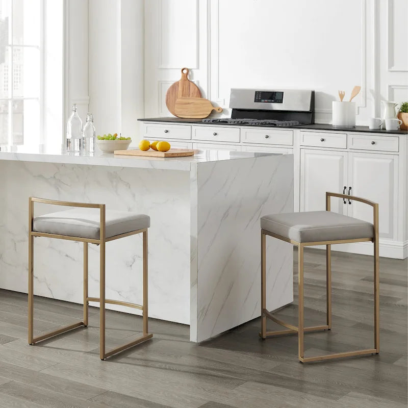 Creme / Gray Velvet Counter Stool Set, Modern Sled Base, Seats 2 – 18.75"D x 17.5"W x 28"H