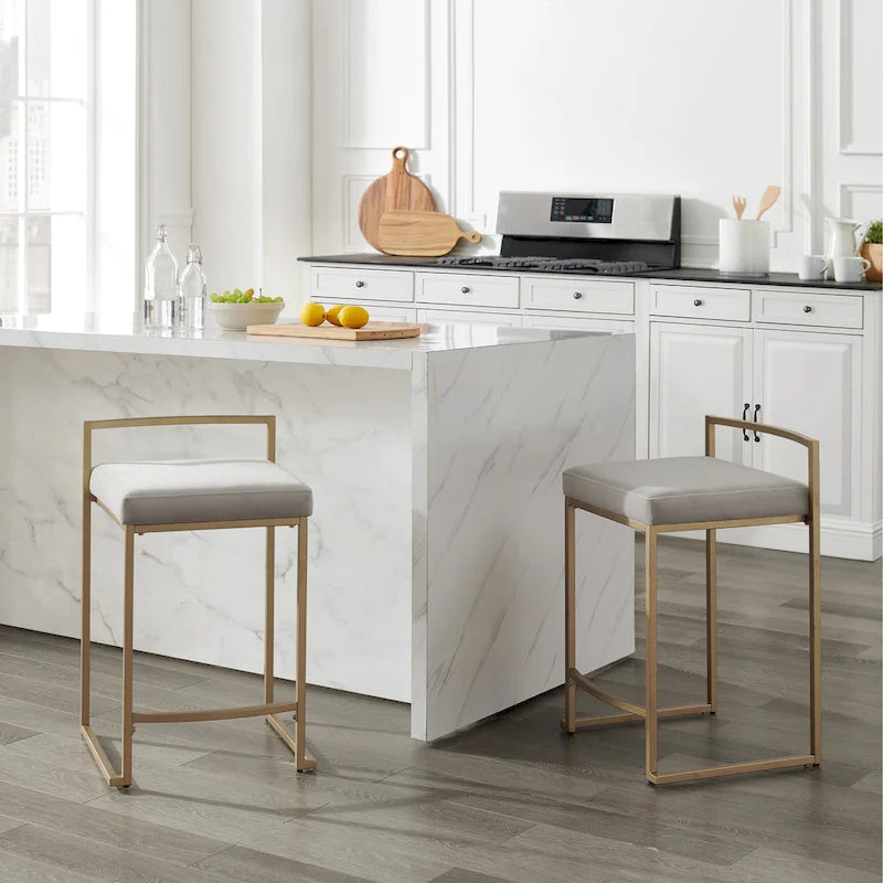 Creme / Gray Velvet Counter Stool Set, Modern Sled Base, Seats 2 – 18.75"D x 17.5"W x 28"H