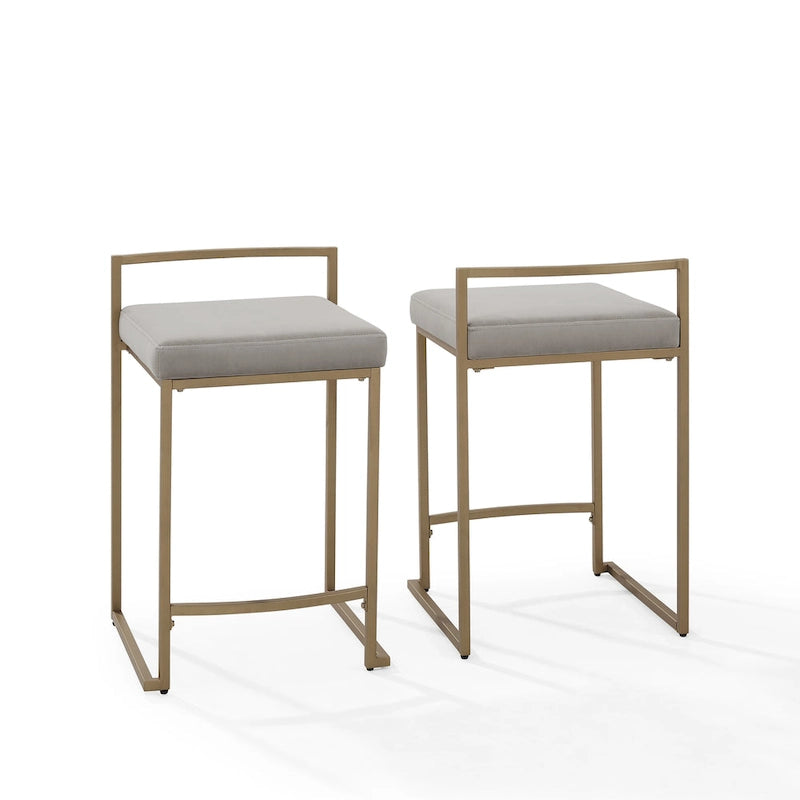 Creme / Gray Velvet Counter Stool Set, Modern Sled Base, Seats 2 – 18.75"D x 17.5"W x 28"H