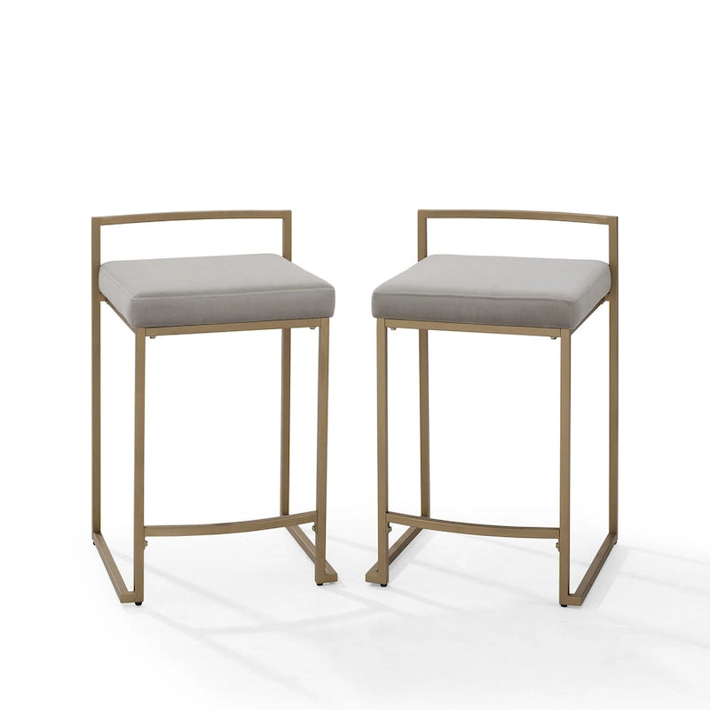 Creme / Gray Velvet Counter Stool Set, Modern Sled Base, Seats 2 – 18.75"D x 17.5"W x 28"H