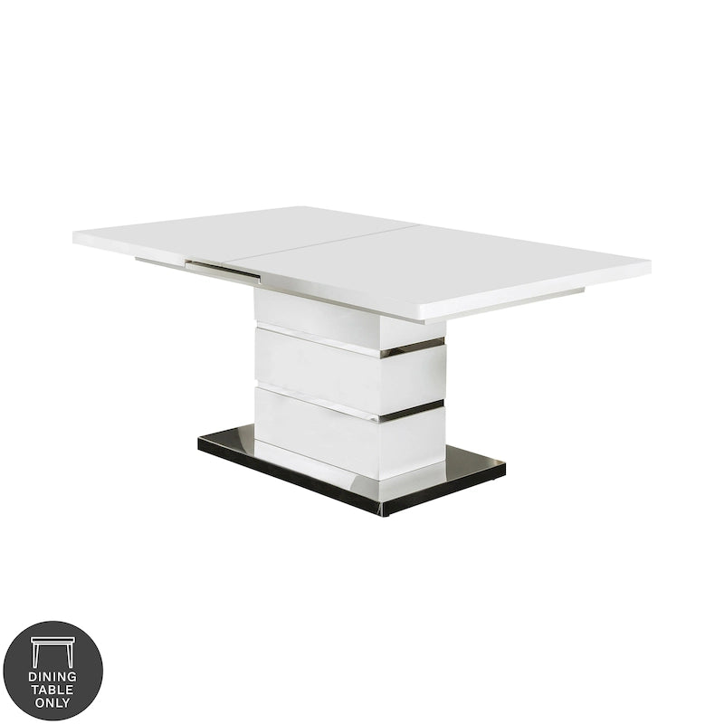 White Expandable Rectangular Dining Table with Chrome Pedestal Base, Seats 6–8