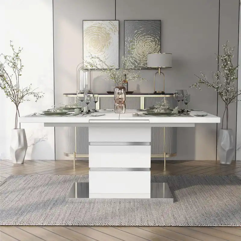White Expandable Rectangular Dining Table with Chrome Pedestal Base, Seats 6–8