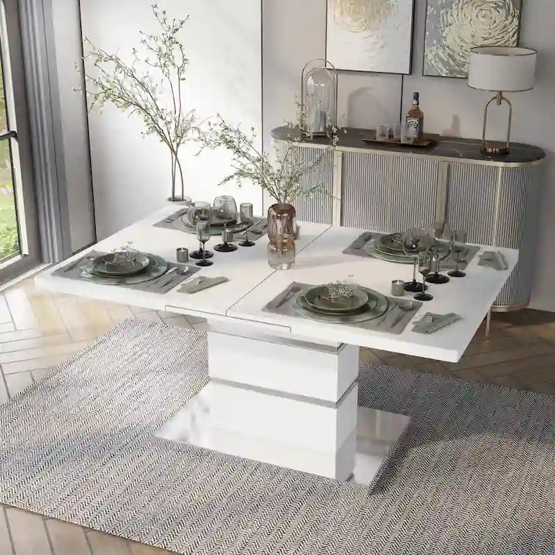 White Expandable Rectangular Dining Table with Chrome Pedestal Base, Seats 6–8