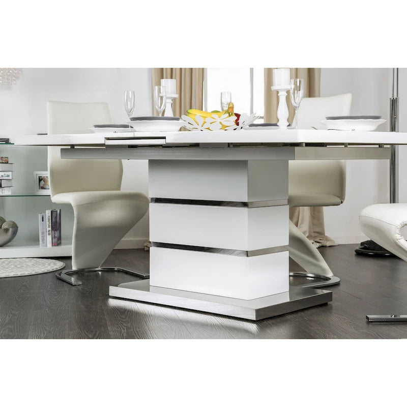 White Expandable Rectangular Dining Table with Chrome Pedestal Base, Seats 6–8