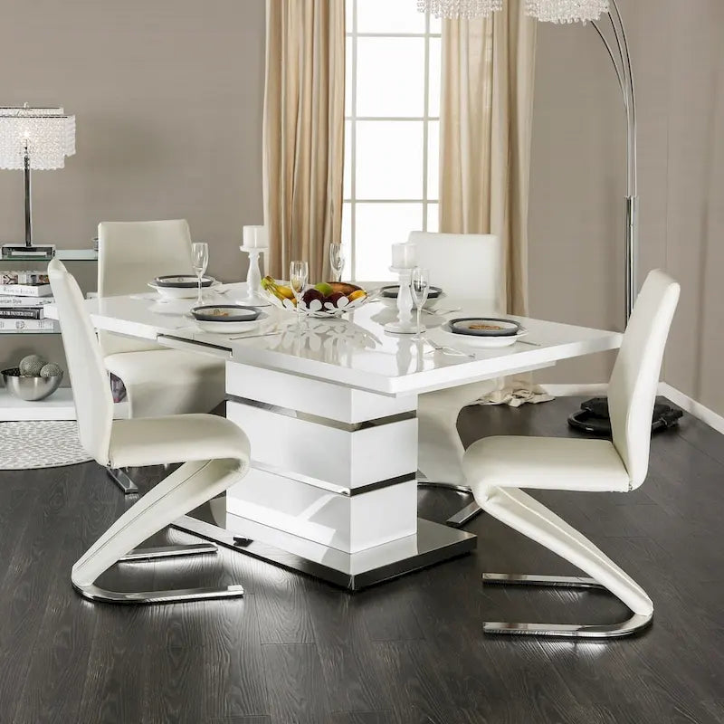 White Expandable Rectangular Dining Table with Chrome Pedestal Base, Seats 6–8