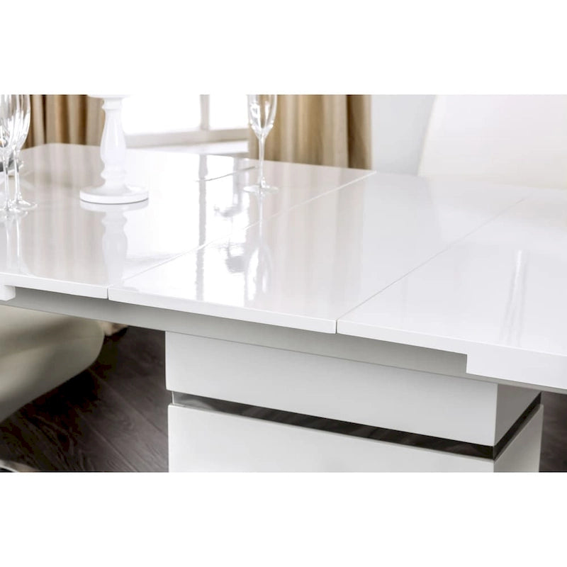White Expandable Rectangular Dining Table with Chrome Pedestal Base, Seats 6–8