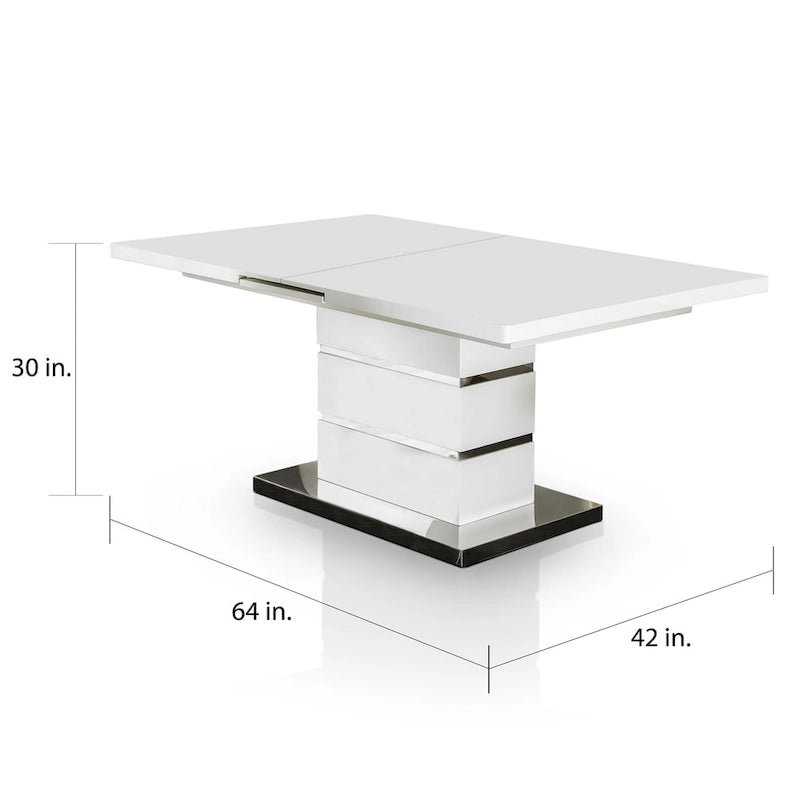 White Expandable Rectangular Dining Table with Chrome Pedestal Base, Seats 6–8