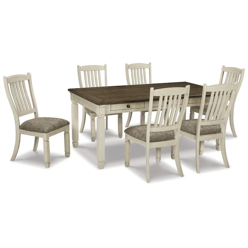 Antique White & Brown 7-Piece Dining Set, Cottage Style, Seats 6