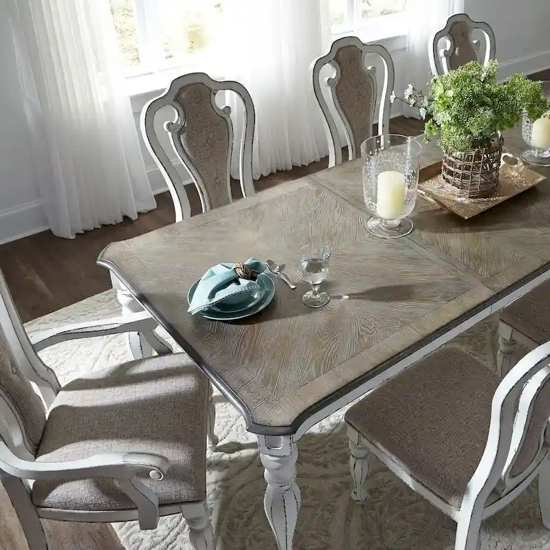 Antique White / Weathered Bisque Rectangular Dining Table with 18" Leaf