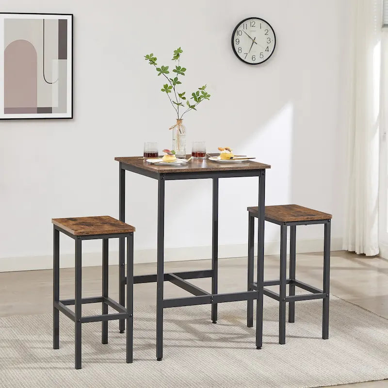 Brown / Grey Square Bar Table & 2 Stools Set, Industrial Style, Seats 2
