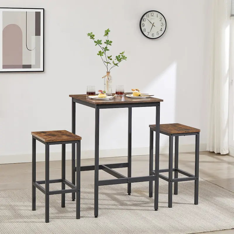 Brown / Grey Square Bar Table & 2 Stools Set, Industrial Style, Seats 2