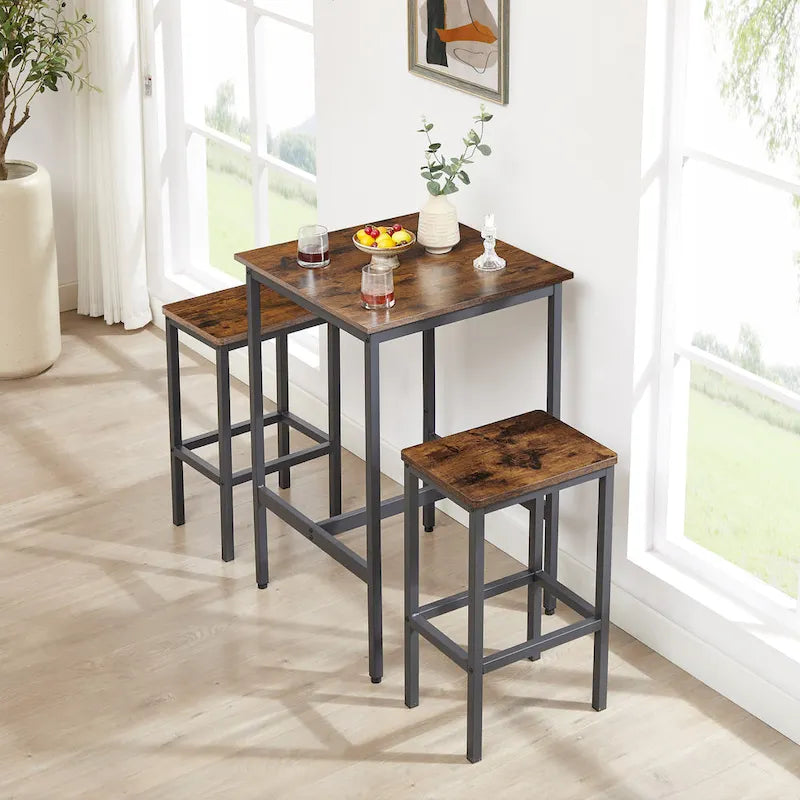 Brown / Grey Square Bar Table & 2 Stools Set, Industrial Style, Seats 2