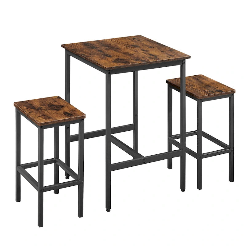 Brown / Grey Square Bar Table & 2 Stools Set, Industrial Style, Seats 2