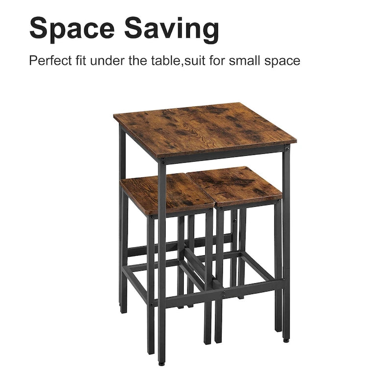 Brown / Grey Square Bar Table & 2 Stools Set, Industrial Style, Seats 2