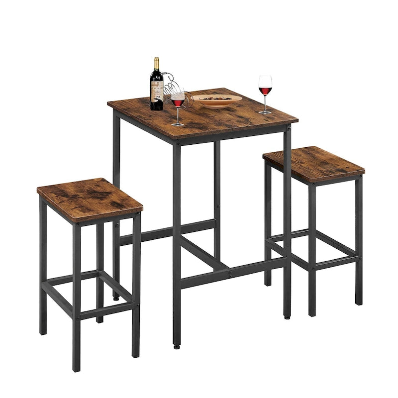 Brown / Grey Square Bar Table & 2 Stools Set, Industrial Style, Seats 2