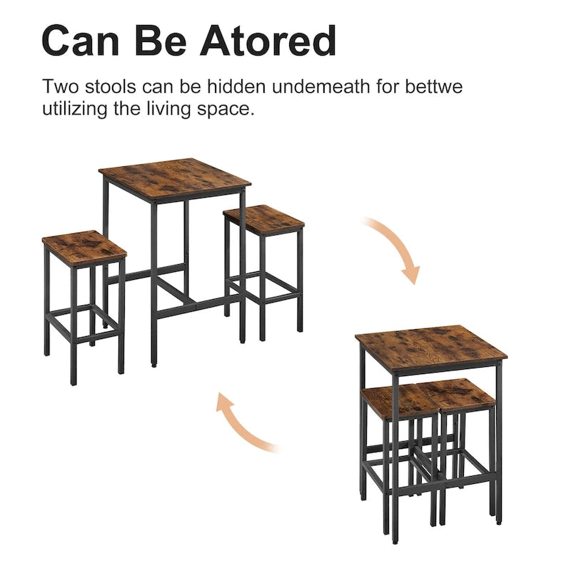 Brown / Grey Square Bar Table & 2 Stools Set, Industrial Style, Seats 2