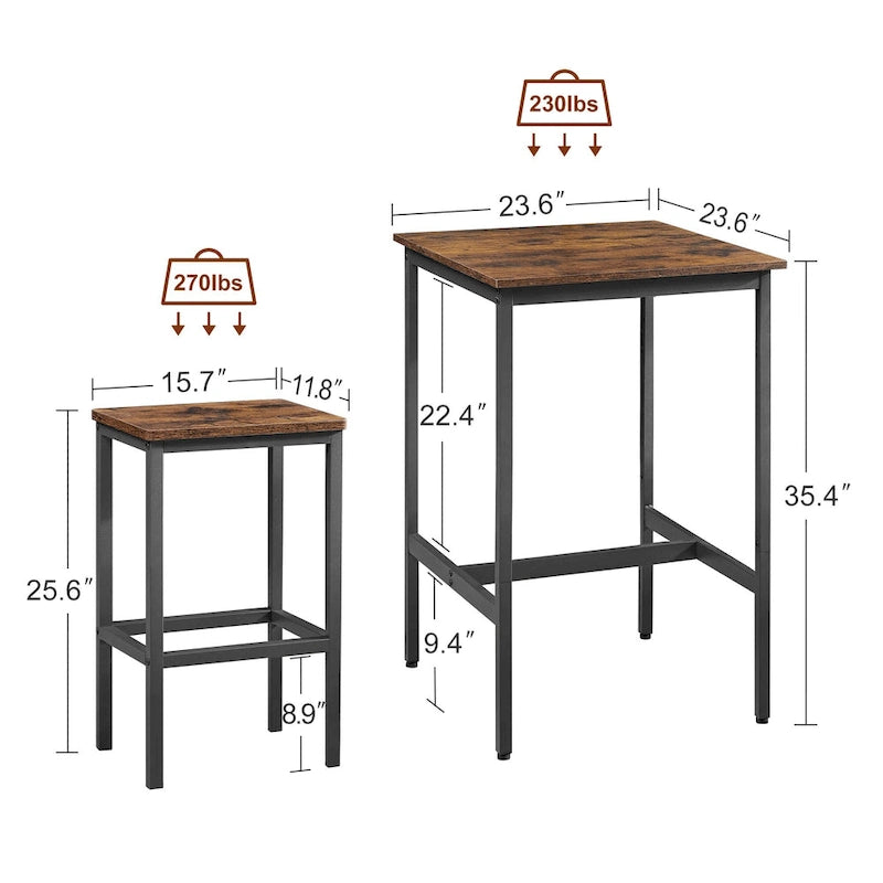 Brown / Grey Square Bar Table & 2 Stools Set, Industrial Style, Seats 2