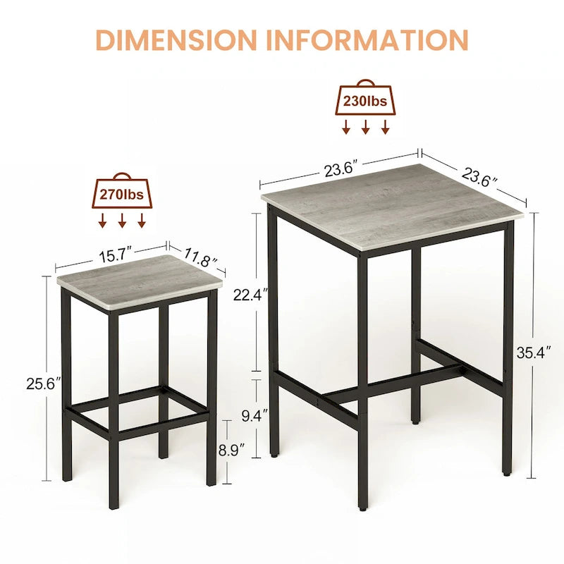 Brown / Grey Square Bar Table & 2 Stools Set, Industrial Style, Seats 2