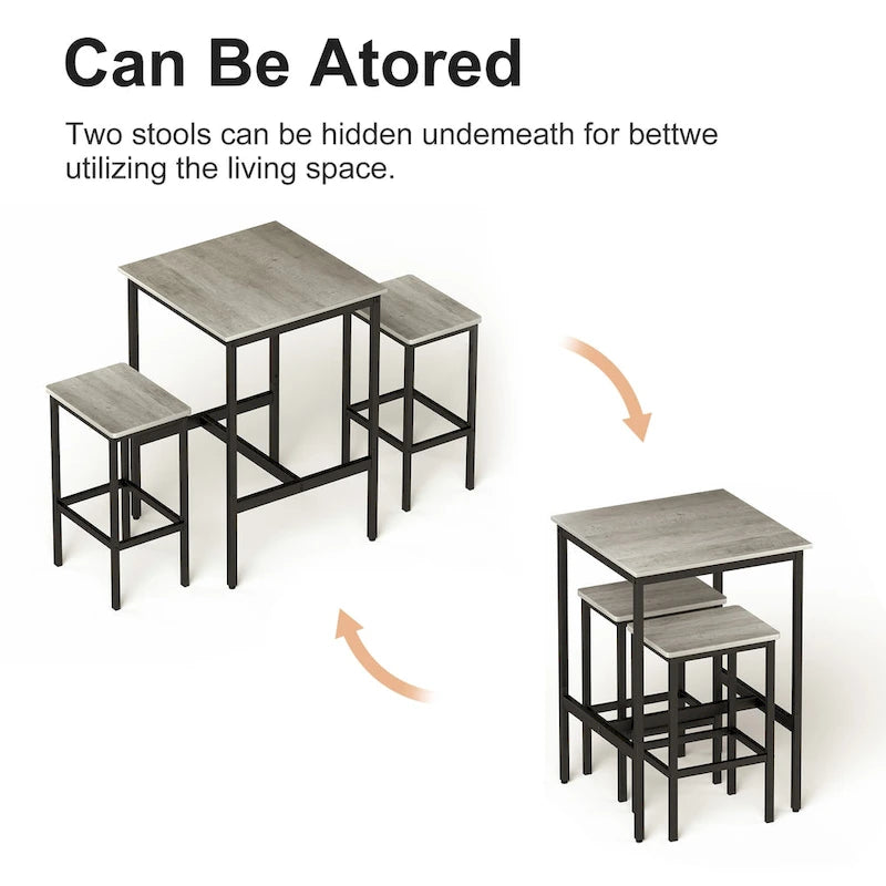 Brown / Grey Square Bar Table & 2 Stools Set, Industrial Style, Seats 2