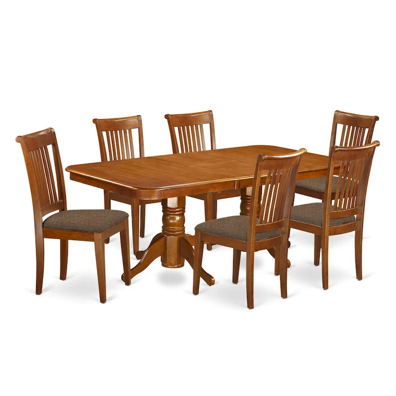 Saddle Brown Rectangular Dining Table Set with Butterfly Leaf, Seats 6